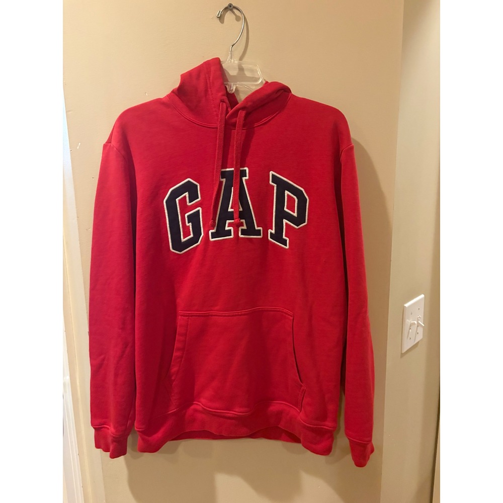 GAP Arch Logo Pullover Hoodie Red Navy Blue White Mens Medium Fleece Sweatshirt